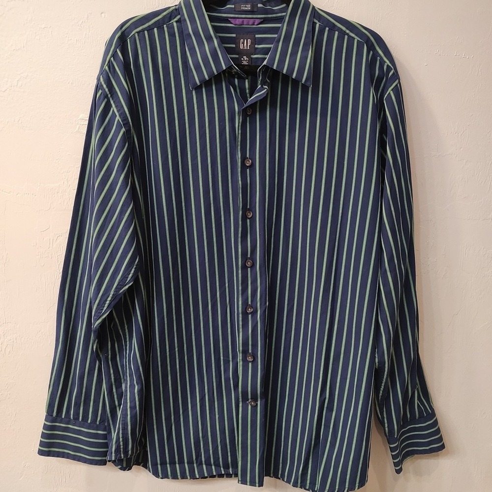GAP Blue Green Striped Button Shirt Fitted Premium Mens Sz S 18-18.5 Cotton